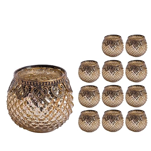 Jinfa 12er-Set orientalischer Teelichthalter aus Glas Windlichter Kerzengläser Teelichtgläser Geschenk | Kugelform | Königliches Gold Ø 8cm x h 8.8cm von Jinfa