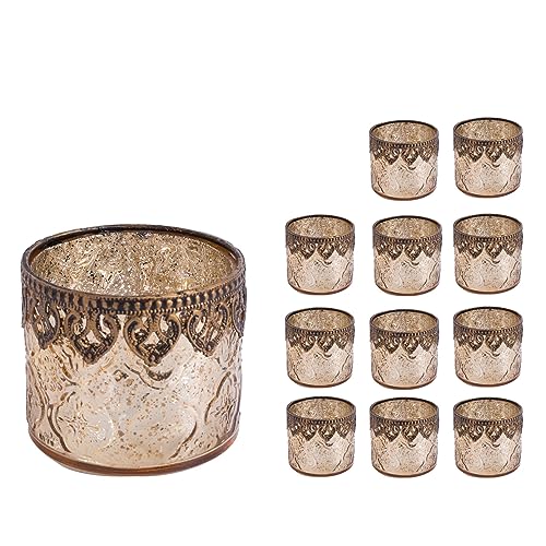 Jinfa 12er-Set orientalischer Teelichthalter aus Glas Windlichter Kerzengläser Teelichtgläser Geschenk | Zylindrische Form | Königliches Gold Ø 10cm x h 9cm von Jinfa