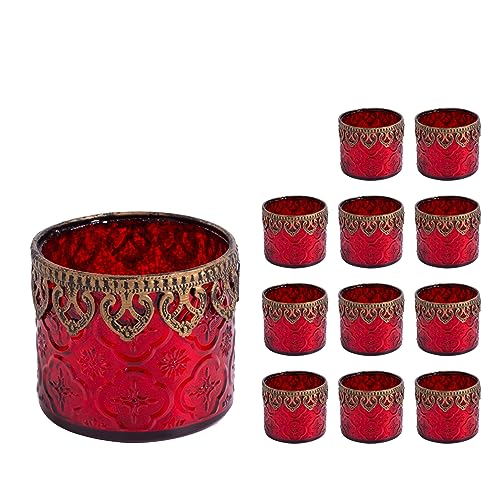 Jinfa 12er-Set orientalischer Teelichthalter aus Glas Windlichter Kerzengläser Teelichtgläser Geschenk | Zylindrische Form | Luxus rot Ø 10cm x h 9cm von Jinfa