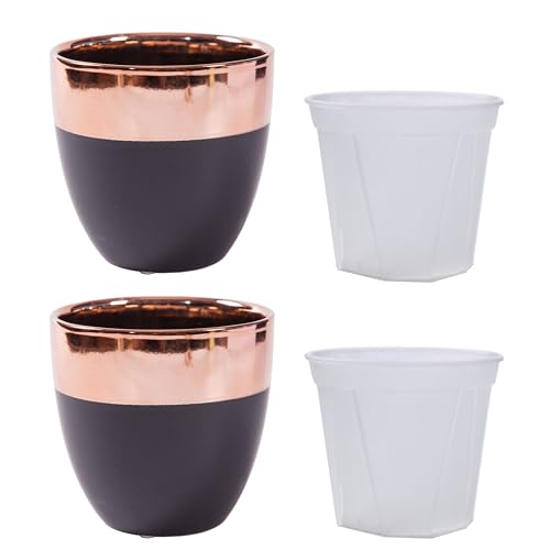 Jinfa 2 Mattschwarz und roségold lackierter Keramiktöpfe + 2 transparente Blumentopf-Einsätze mit Abflusslöchern aus Kunststoff von Jinfa