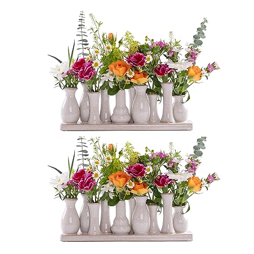 Jinfa 2 Set aus 10 kleinen Vasen auf festem Sockel | handgefertigte Blumenvasen Tischdeko | Antik-Weiß von Jinfa