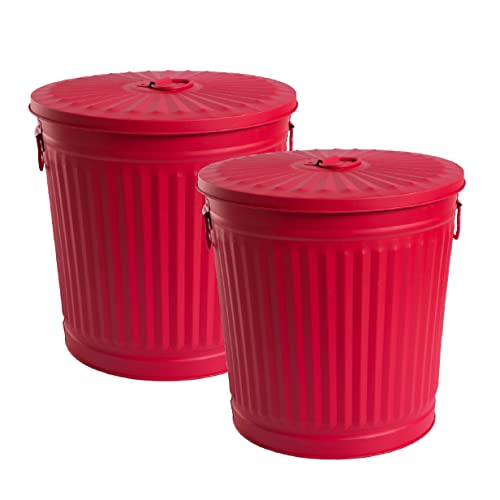 Jinfa 2 Sets Retrodesign Mülleimer mit Deckel | Rot | Ø 21,5 cm, Höhe 21,5 cm, 7 Liter von Jinfa