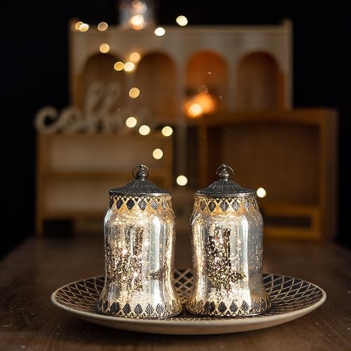 Jinfa 2er-Set Laternen Stimmunglichter mit batteriebetrieber LED-Lichterkette orientalische Zierde Tischdeko Geschenk | Glockenform | Edles Silber | Ø 11 cm × H 19 cm Jinfa 2er-Set Laternen Stimmunglichter mit batteriebetrieber LED-Lichterkette orientalische Zierde Tischdeko Geschenk | Glockenform | Edles Silber | Ø 11 cm × H 19 cm von Jinfa