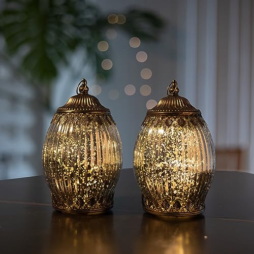 Jinfa 2er-Set Laternen Stimmunglichter mit batteriebetrieber LED-Lichterkette orientalische Zierde Tischdeko Geschenk | Oval | Edles Silber | Ø 10,5 cm × H 18 cm von Jinfa