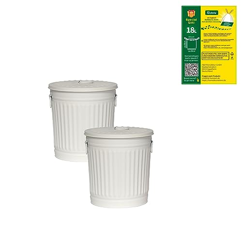 Jinfa 2er-Set Retrodesign pulverlackierter Metalleimer mit Griffen und Deckel + 5 Müllbeutel | cremeweiß | 18L von Jinfa