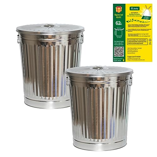 Jinfa 2er-Set Retrodesign verzinkter Metalleimer mit Griffen und Deckel + 5 Müllbeutel | Zink | 62L von Jinfa