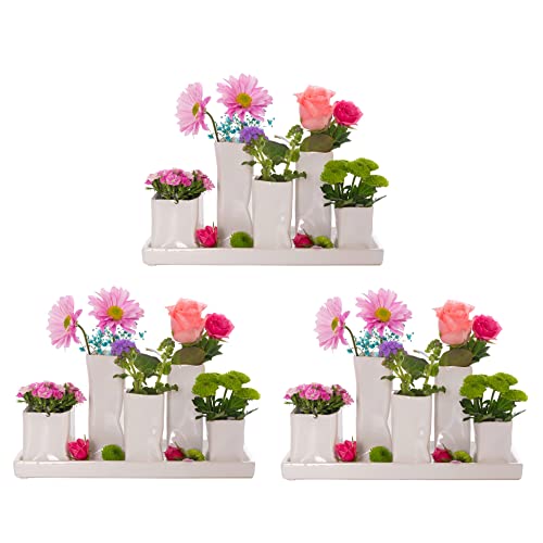 Jinfa 3 Set Handgefertigte kleine Keramik Deko Blumenvasen Set aus 5 Vasen in weiß von Jinfa