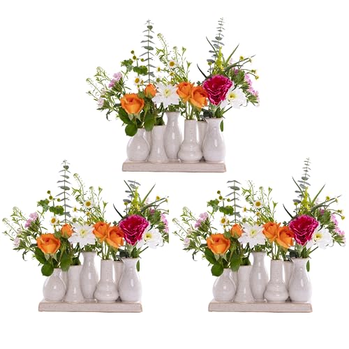 Jinfa 3 Set aus 7 kleinen Vasen auf festem Sockel | handgefertigte Blumenvasen Tischdeko | Antik-Weiß von Jinfa