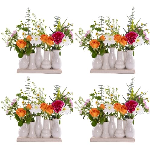 Jinfa 4 Set aus 7 kleinen Vasen auf festem Sockel | handgefertigte Blumenvasen Tischdeko | Antik-Weiß von Jinfa