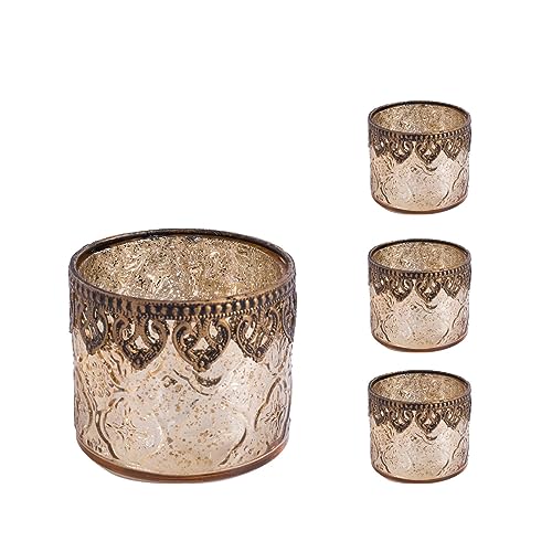 Jinfa 4er-Set orientalischer Teelichthalter aus Glas Windlichter Kerzengläser Teelichtgläser Geschenk | Zylindrische Form | Königliches Gold Ø 10cm x h 9cm von Jinfa