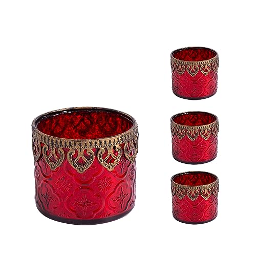 Jinfa 4er-Set orientalischer Teelichthalter aus Glas Windlichter Kerzengläser Teelichtgläser Geschenk | Zylindrische Form | Luxus rot Ø 10cm x h 9cm von Jinfa