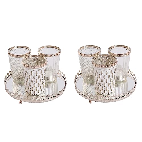 Jinfa 6er-Set Windlichter Teelichtglas mit 2 Spiegelplatten Teelichthalter Kerzenglas Kerzentablett | Antikweiß von Jinfa