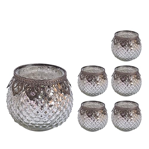 Jinfa 6er-Set orientalischer Teelichthalter aus Glas Windlichter Kerzengläser Teelichtgläser Geschenk | Kugelform | Edles Silber Ø 8cm x h 8.8cm von Jinfa