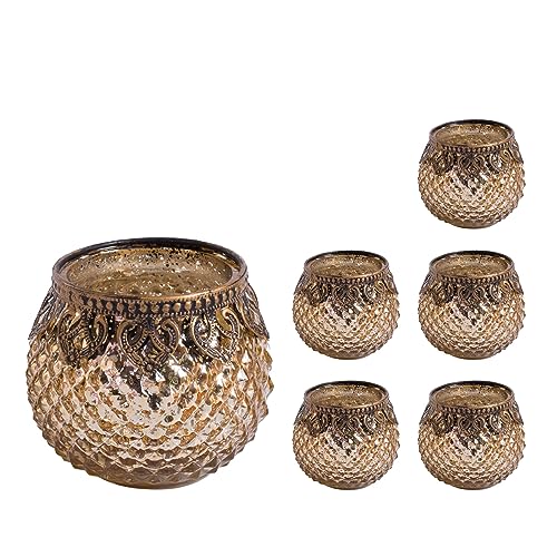 Jinfa 6er-Set orientalischer Teelichthalter aus Glas Windlichter Kerzengläser Teelichtgläser Geschenk | Kugelform | Königliches Gold Ø 8cm x h 8.8cm von Jinfa