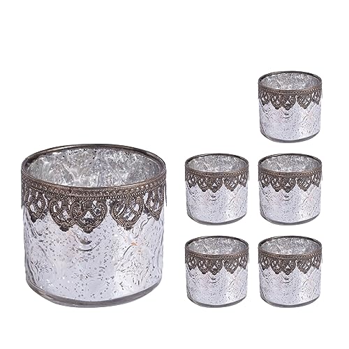 Jinfa 6er-Set orientalischer Teelichthalter aus Glas Windlichter Kerzengläser Teelichtgläser Geschenk | Zylindrische Form | Edles Silber Ø 10cm x h 9cm von Jinfa