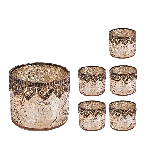 Jinfa 6er-Set orientalischer Teelichthalter aus Glas Windlichter Kerzengläser Teelichtgläser Geschenk | Zylindrische Form | Königliches Gold Ø 10cm x h 9cm von Jinfa