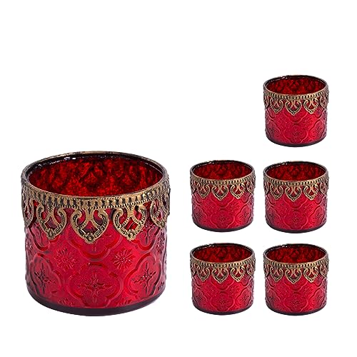 Jinfa 6er-Set orientalischer Teelichthalter aus Glas Windlichter Kerzengläser Teelichtgläser Geschenk | Zylindrische Form | Luxus rot Ø 10cm x h 9cm von Jinfa