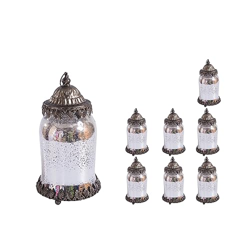 Jinfa 8er-Set Laternen Stimmunglichter mit batteriebetrieber LED-Lichterkette orientalische Zierde Tischdeko Geschenk | Glockenform | Edles Silber | Ø 11 cm × H 19 cm von Jinfa