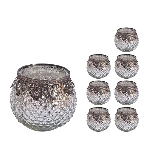 Jinfa 8er-Set orientalischer Teelichthalter aus Glas Windlichter Kerzengläser Teelichtgläser Geschenk | Kugelform | Edles Silber Ø 8cm x h 8.8cm von Jinfa