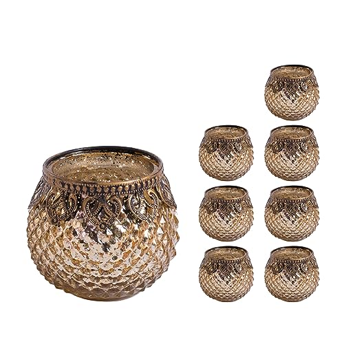 Jinfa 8er-Set orientalischer Teelichthalter aus Glas Windlichter Kerzengläser Teelichtgläser Geschenk | Kugelform | Königliches Gold Ø 8cm x h 8.8cm von Jinfa