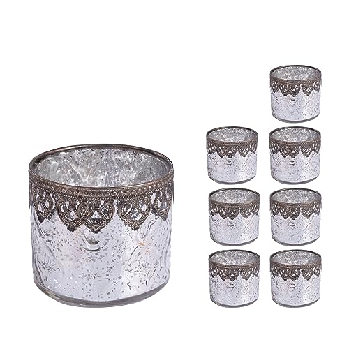 Jinfa 8er-Set orientalischer Teelichthalter aus Glas Windlichter Kerzengläser Teelichtgläser Geschenk | Zylindrische Form | Edles Silber Ø 10cm x h 9cm von Jinfa