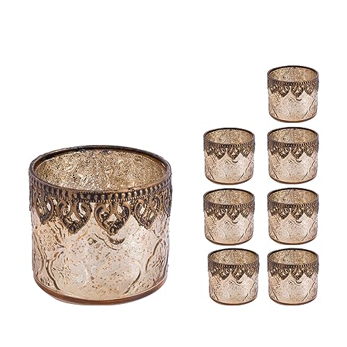 Jinfa 8er-Set orientalischer Teelichthalter aus Glas Windlichter Kerzengläser Teelichtgläser Geschenk | Zylindrische Form | Königliches Gold Ø 10cm x h 9cm von Jinfa