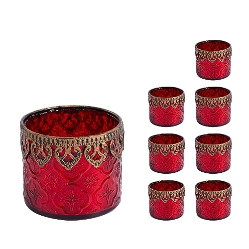 Jinfa 8er-Set orientalischer Teelichthalter aus Glas Windlichter Kerzengläser Teelichtgläser Geschenk | Zylindrische Form | Luxus rot Ø 10cm x h 9cm von Jinfa