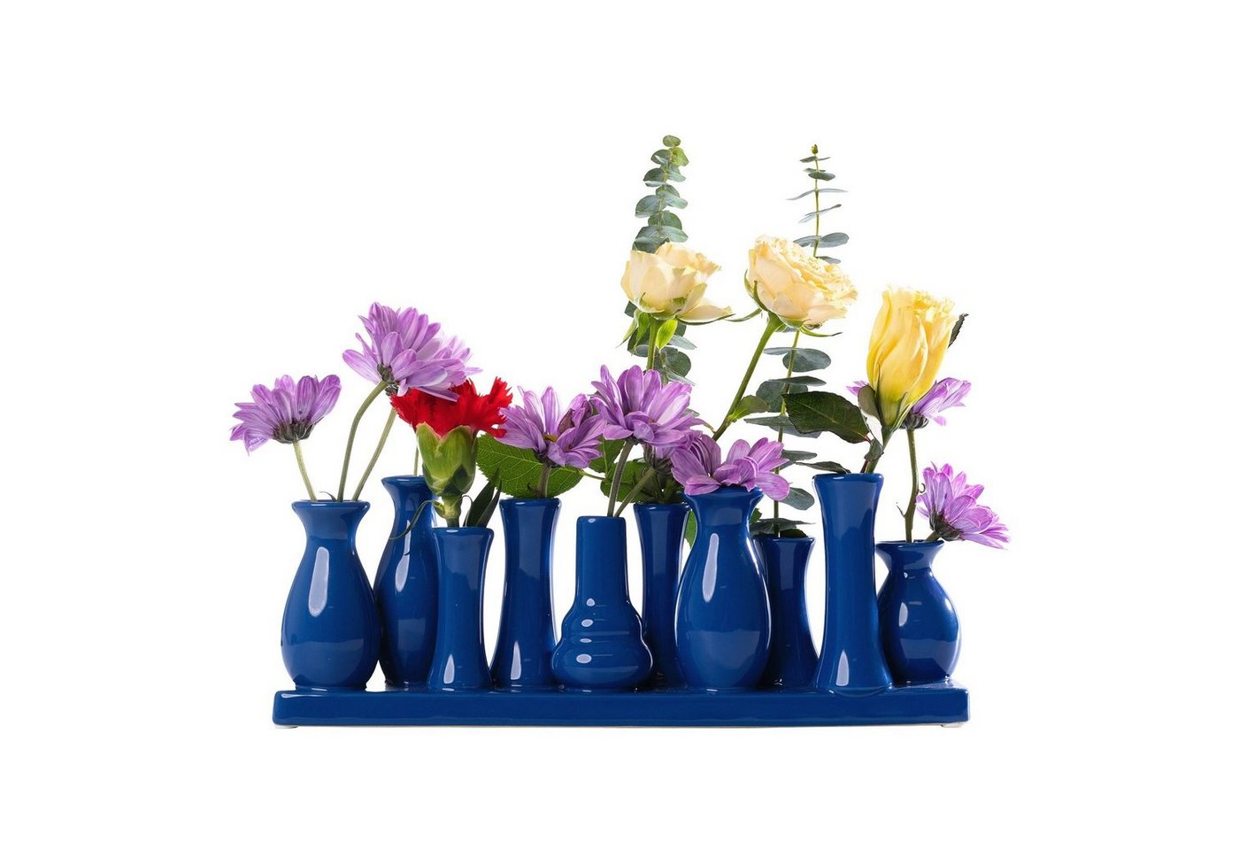 Jinfa Dekovase Handgefertigte kleine Keramik Deko Blumenvasen (10 Vasen Set blau), verbunden auf auf einem Tablett von Jinfa