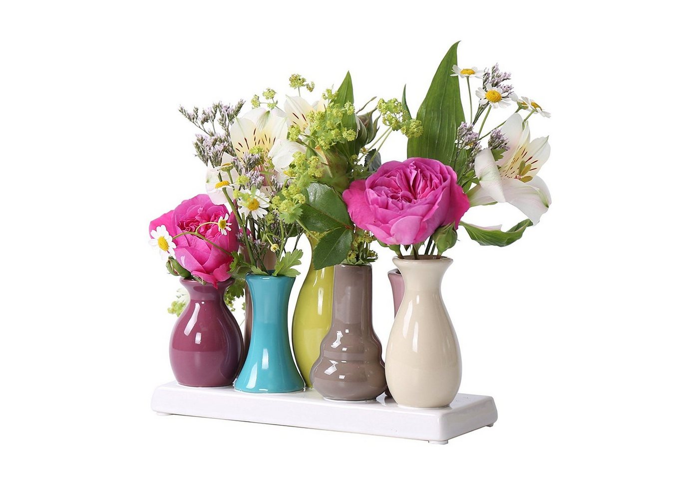 Jinfa Dekovase Handgefertigte kleine Keramik Deko Blumenvasen (7 Vasen Set Bunt), verbunden auf auf einem Tablett von Jinfa