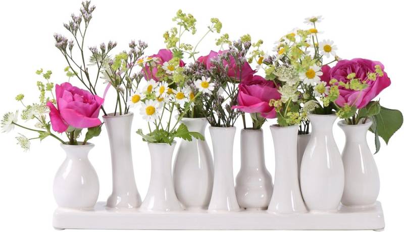 Jinfa Dekovase Handgefertigte kleine Keramik Deko Blumenvasen (Set, Je nach Modell: 5, 7, 8 oder 10 Vasen zusammen auf dem Sockel), verbunden auf einem Sockel von Jinfa