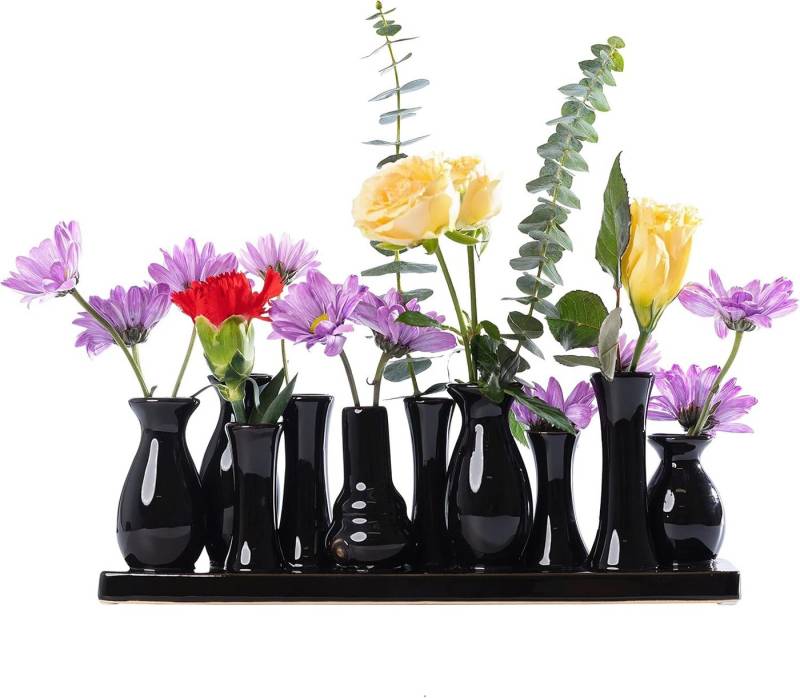 Jinfa Dekovase Handgefertigte kleine Keramik Deko Blumenvasen (Set, Je nach Modell: 5, 7, 8 oder 10 Vasen zusammen auf dem Sockel), verbunden auf einem Sockel von Jinfa