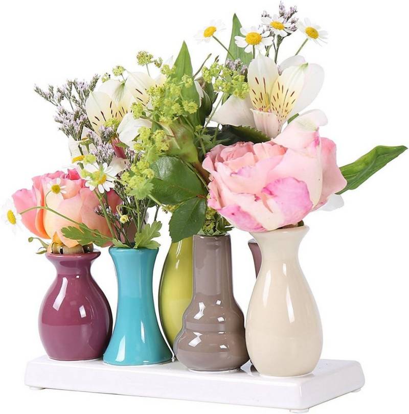 Jinfa Dekovase Handgefertigte kleine Keramik Deko Blumenvasen (Set, Je nach Modell: 5, 7, 8 oder 10 Vasen zusammen auf dem Sockel), verbunden auf einem Sockel von Jinfa