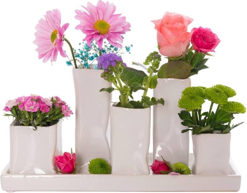 Jinfa Dekovase Handgefertigte kleine Keramik Deko Blumenvasen (Set, Je nach Modell: 5, 7, 8 oder 10 Vasen zusammen auf dem Sockel), verbunden auf einem Sockel von Jinfa