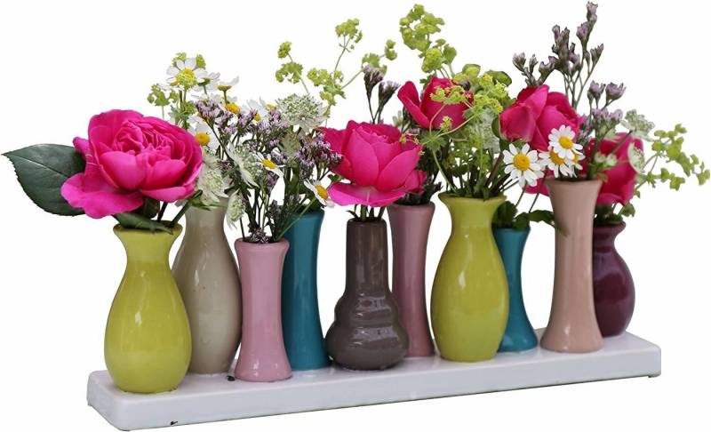 Jinfa Dekovase Handgefertigte kleine Keramik Deko Blumenvasen (Set, Je nach Modell: 5, 7, 8 oder 10 Vasen zusammen auf dem Sockel), verbunden auf einem Sockel von Jinfa