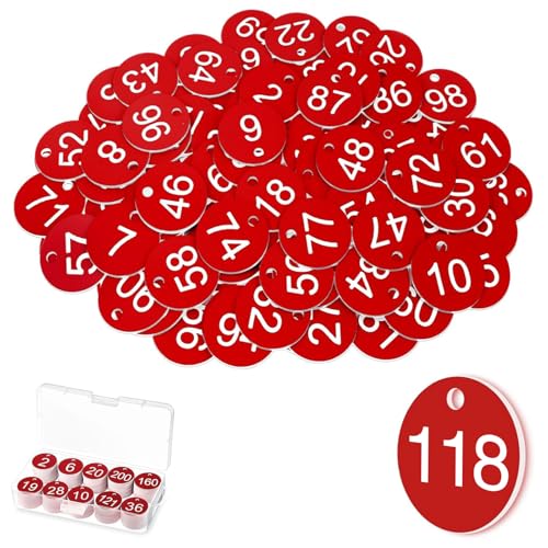 1-200 Kunststoff Nummernschilder Nummerierte Gravierte Nummernschilder Tischnummern gastronomie Bienenstock Etiketten ID Tags mit Loch, ohne Schlüsselringe (red) von Jinfanshurich