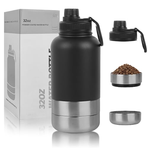 32oz 3 in 1 Hundetrinkflasche für unterwegs, 304 Edelstahl Trinkflasche Hunde für unterwegs mit Fressnapf & Wassernapf, Isolierflasche für Mensch und Hund, Perfekt für Outdoor, Wandern und Reisen von Jinfanshurich