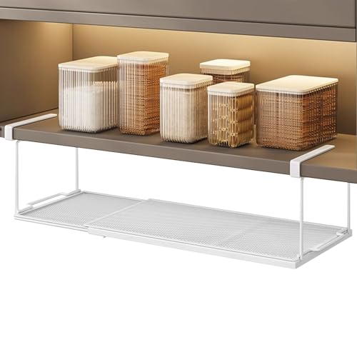 Unterregal Hängekorb aus Metall mit Verstellbarer 38-70cm Unter Regal Hängekorb ausziehbar, Küchenschrank Regal Organizer Metall, Aufbewahrungskorb unterregal für Küche Schrank Tisch Bad (Weiß) von Jinfanshurich