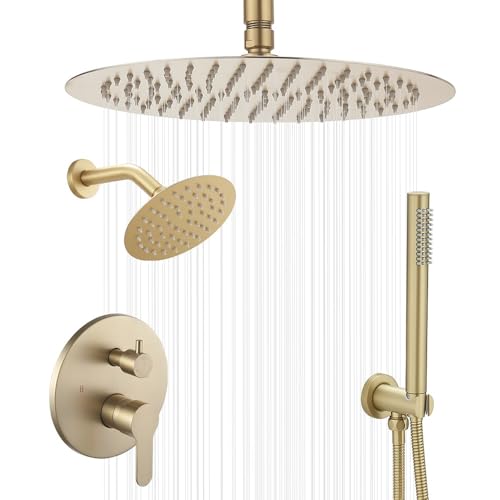 Duscharmatur Set Gebürstetes Gold Duschsystem mit Handbrause Deckenhalterung 12 Zoll Duschkopf mit 6 Zoll Wandhalterung Duschkopf von JingGang