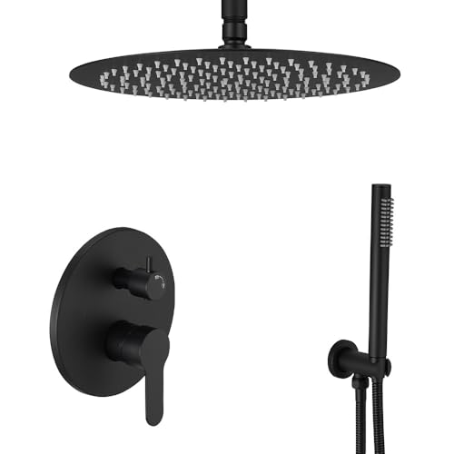 Duschsystem, Deckendusche Wasserhahn Set mit 12 Zoll Regenbrause und Handbrause, Duschkombi Set mit Ventil, Mattschwarz Duschsystem, Deckendusche Wasserhahn Set mit 12 Zoll Regenbrause und Handbrause, Duschkombi Set mit Ventil, Mattschwarz von JingGang