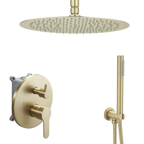 Duschsystem, Deckendusche Wasserhahn Set mit 30.5 cm Regenduschkopf und Handbrause, Dusche Combo Set mit Ventil, Gebürstetes Gold Duschsystem, Deckendusche Wasserhahn Set mit 30.5 cm Regenduschkopf und Handbrause, Dusche Combo Set mit Ventil, Gebürstetes Gold von JingGang