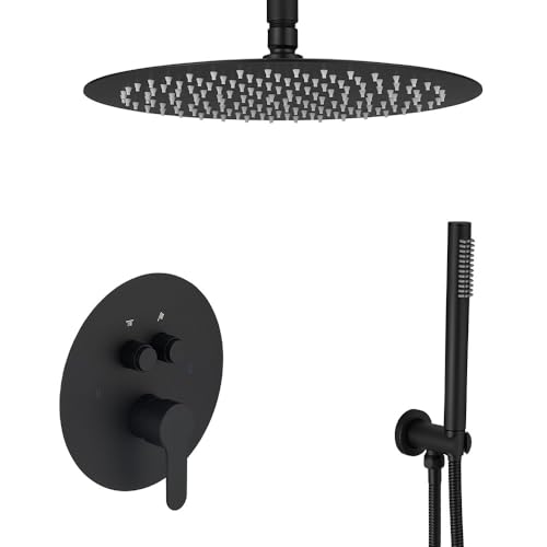 Mattschwarzes Deckenmontiertes Duschsystem mit Druckknopf-Umsteller, Luxus-Regenduschkopf mit Handbrause, Hochdruck-Duscharmatur, Kombi-Set mit grobem Ventil Mattschwarzes Deckenmontiertes Duschsystem mit Druckknopf-Umsteller, Luxus-Regenduschkopf mit Handbrause, Hochdruck-Duscharmatur, Kombi-Set mit grobem Ventil von JingGang