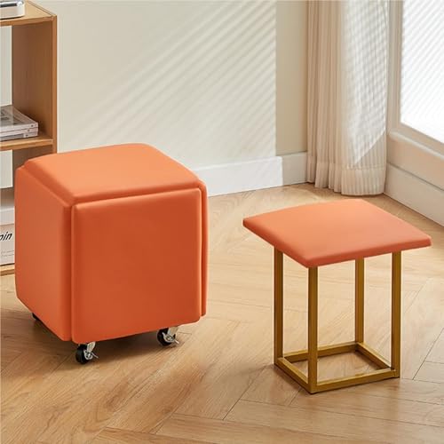 5 in 1 Nesting Hocker Fußstütze Hocker, Würfel Sitz Stapelbarer Fußhocker mit Rädern für Schlafzimmer Wohnheim(Orange,48cm) von JingNian