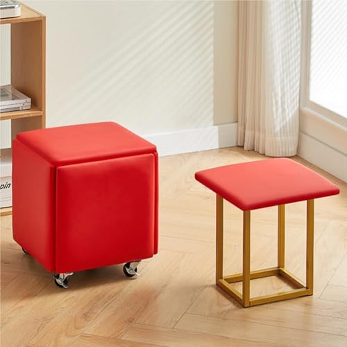 5 in 1 Nesting Hocker Fußstütze Hocker, Würfel Sitz Stapelbarer Fußhocker mit Rädern für Schlafzimmer Wohnheim(Red,38cm) von JingNian