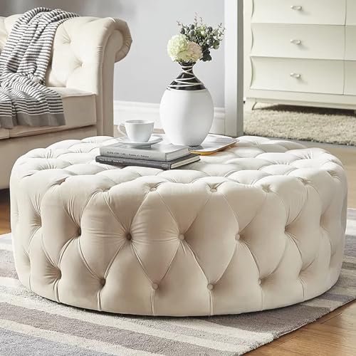 JingNian Runder Getufteter Samthocker, Bequemer Fußhocker Mit Holzrahmen, Moderner Ottoman Als Sitzbank Oder Kaffeetisch, Polsterbank Am Bettende Für Wohnzimmer Und Flur(Off-White) von JingNian