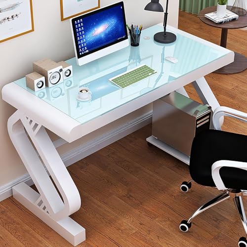 Schreibtisch Aus Gehärtetem Glas, Eleganter Laptop- Und Computertisch Für Studenten, Home-Office Workstation Oder Gaming Tisch, Stabil Und Platzsparend(White Blue,120x60x75cm) von JingNian