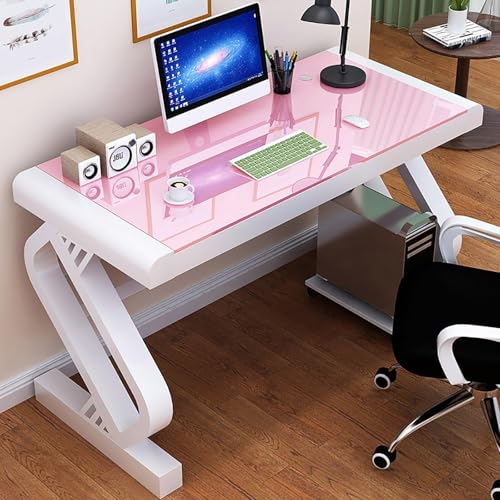 Schreibtisch Aus Gehärtetem Glas, Eleganter Laptop- Und Computertisch Für Studenten, Home-Office Workstation Oder Gaming Tisch, Stabil Und Platzsparend(White Pink,140x60x75cm) von JingNian