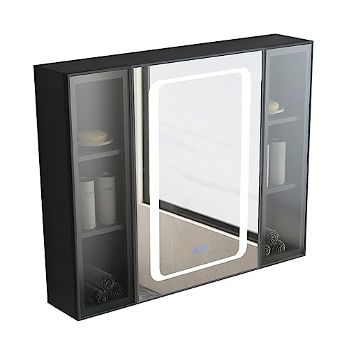 JingYi Store Space-Aluminium-Spiegelschrank Badezimmer-Spiegelschrank Schlafzimmer-Aufbewahrungsschrank Wandspiegelschrank Spiegelschrank Mit Licht (Color : Black, Size : 90 * 13 * 65cm) von JingYi Store