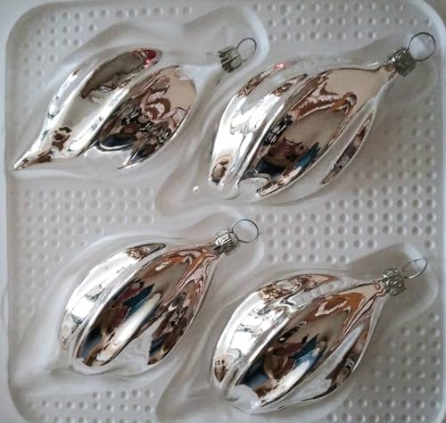 Jingle Bells Lauscha Silber gedrehte Form 4Stück per Box mundgeblasene Weihnachtskugel Silber uni von Jingle Bells Lauscha