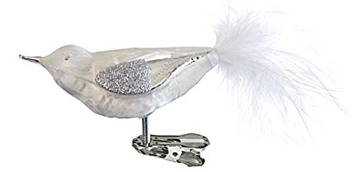 Jingle Bells Lauscha Glasvogel weiß/Silber mit Federn 4fach mundgeblasen von Jingle Bells Lauscha
