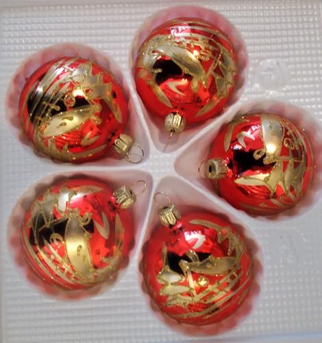 Rote Christbaumkugeln mit Goldener Winterlandschaft, 6cm, 5 Stück von Jingle Bells Lauscha